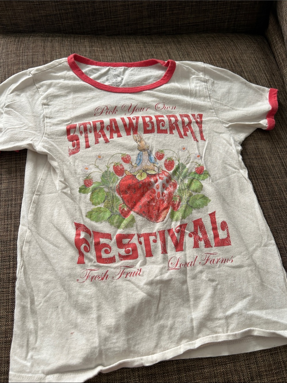 Women's White Ringer Tee with Red Trim - Strawberry Festival Graphic